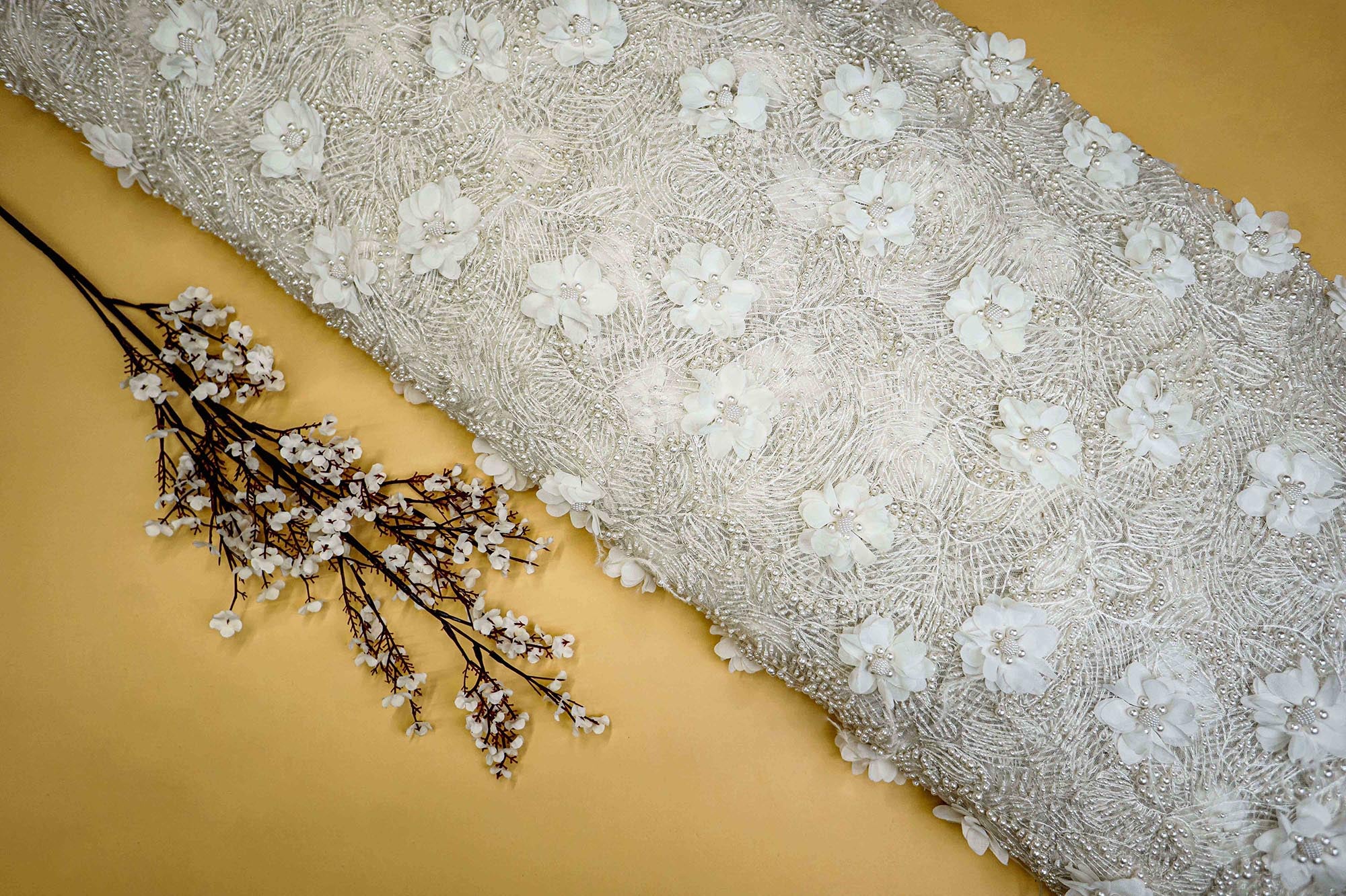 White Imported Net Adorned with Beads, 3D flower , and Threadwork- Paras Gallery Fabrics