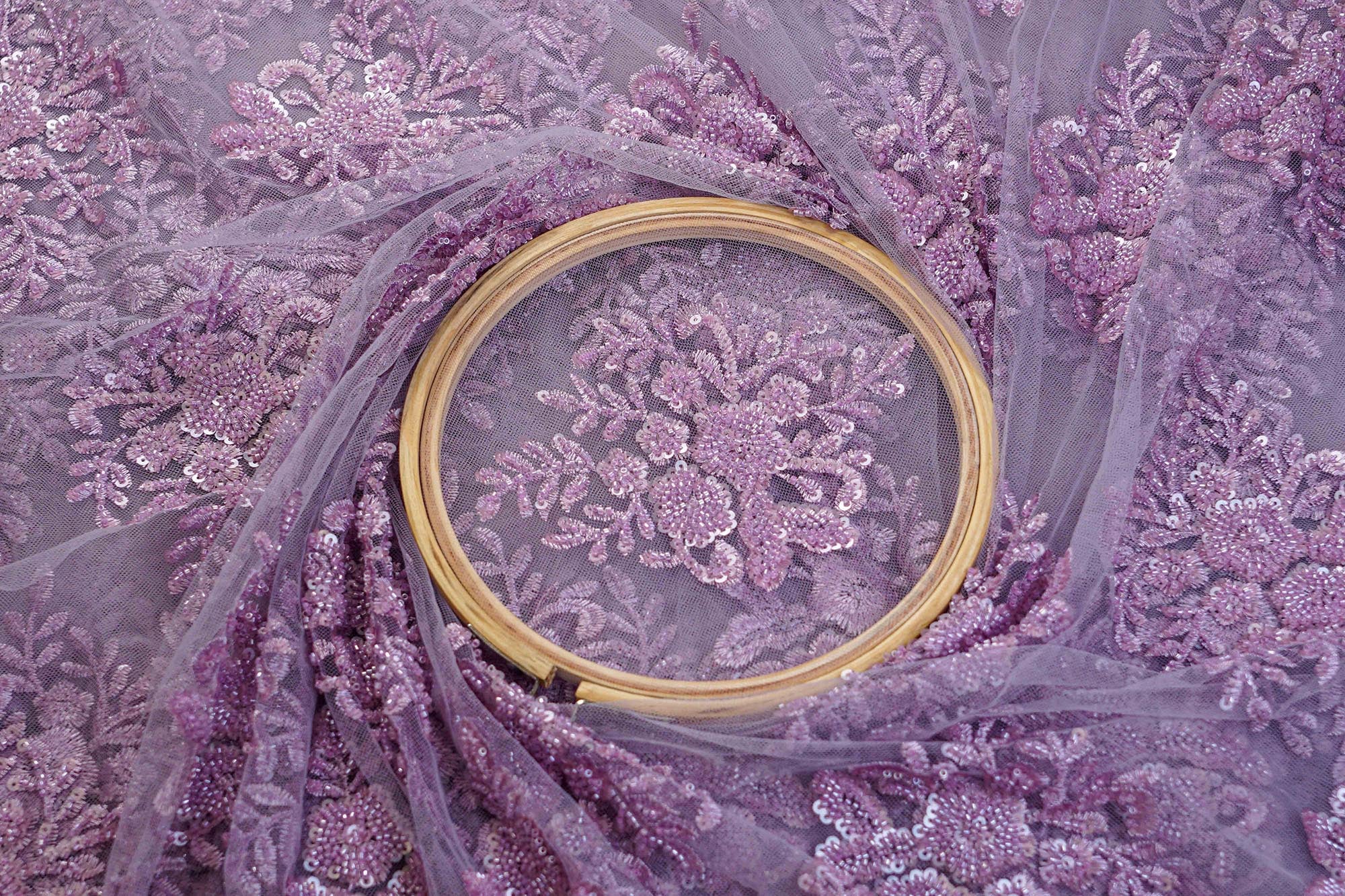 Lavender hand-work net embroidery with patch work, two side border, sequins