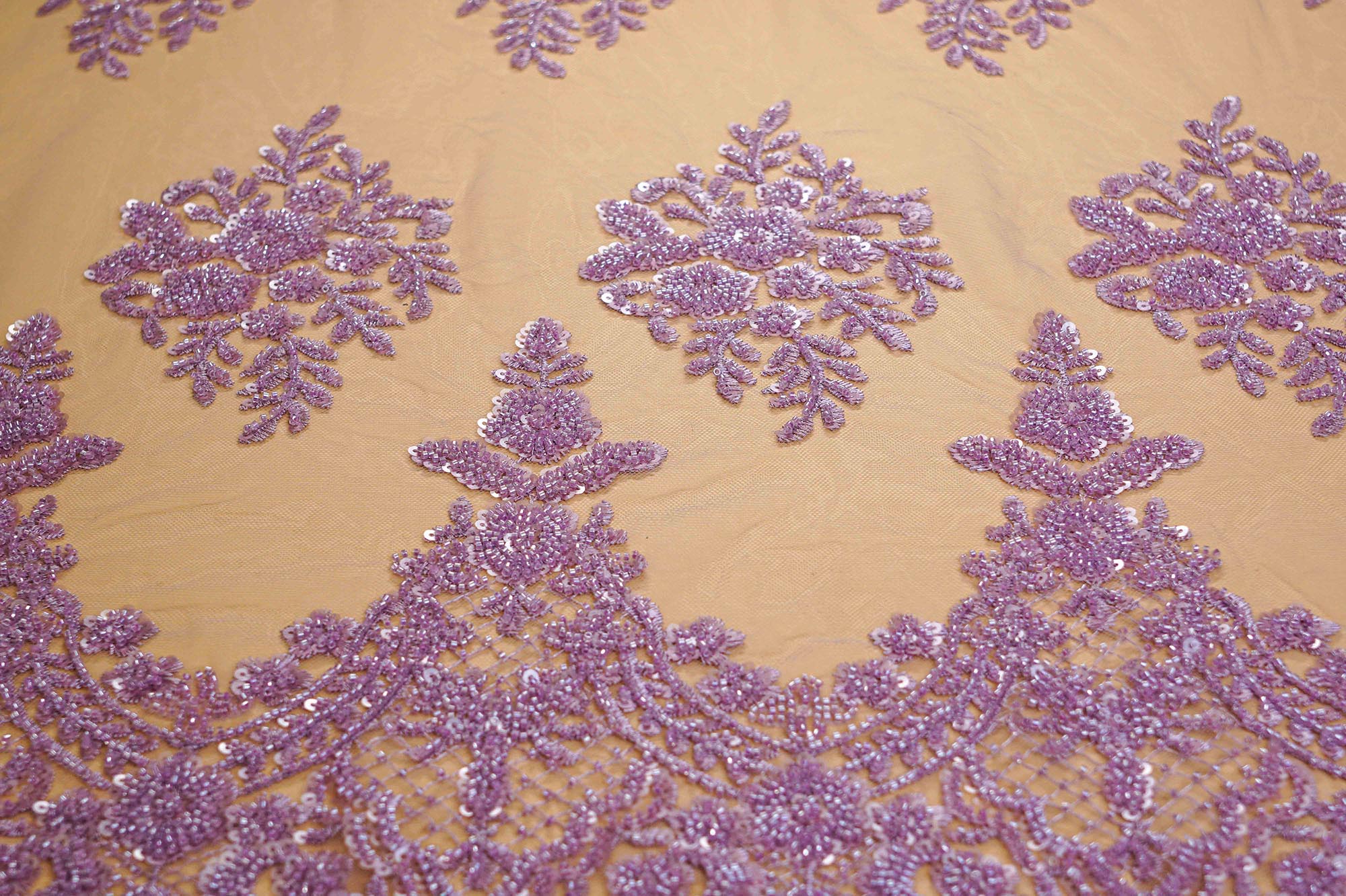 Lavender hand-work net embroidery with patch work, two side border, sequins