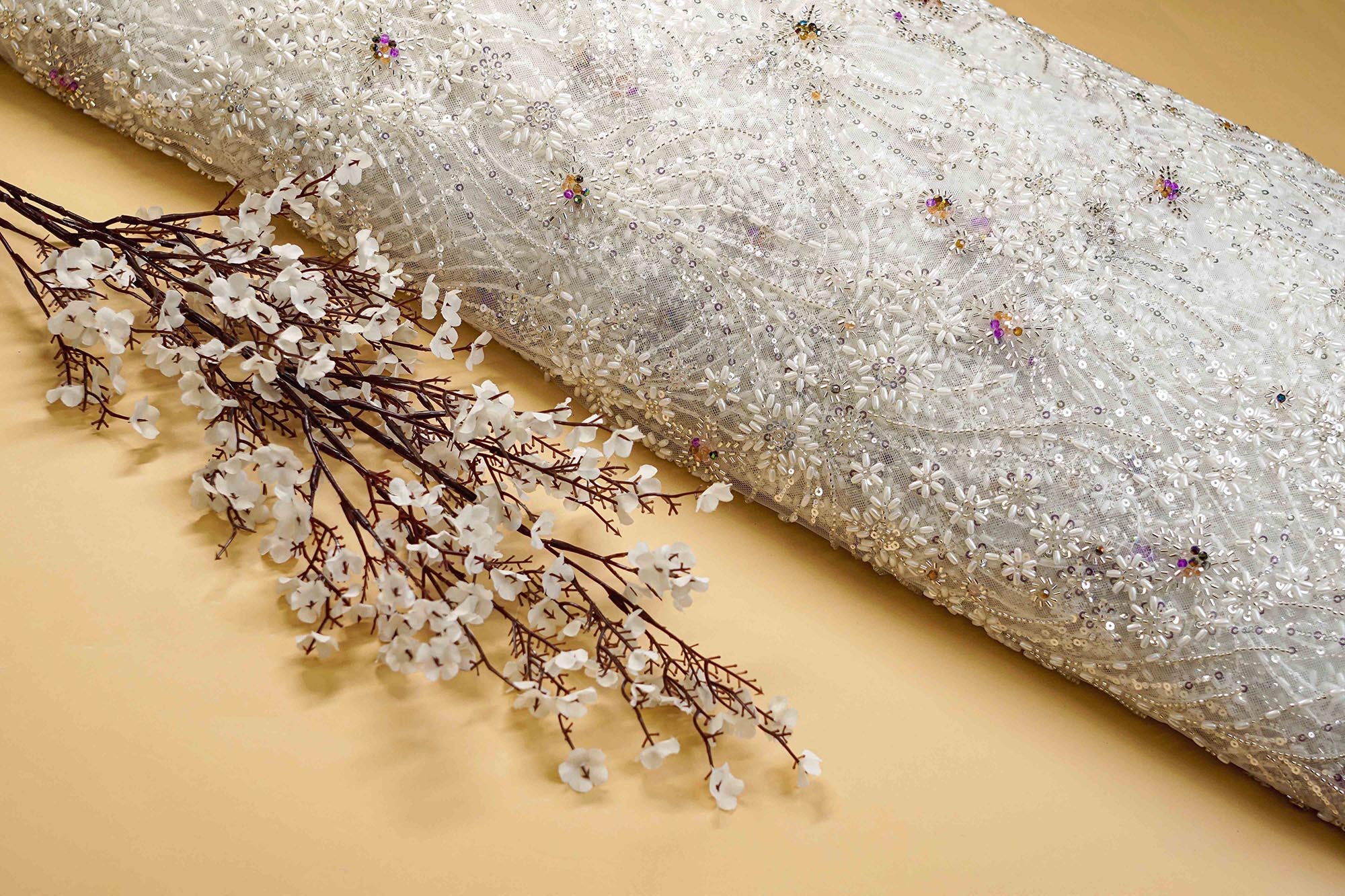 White Pink Floral Handwork Net with Rainbow Sequins, Pearls, and Scallop Border