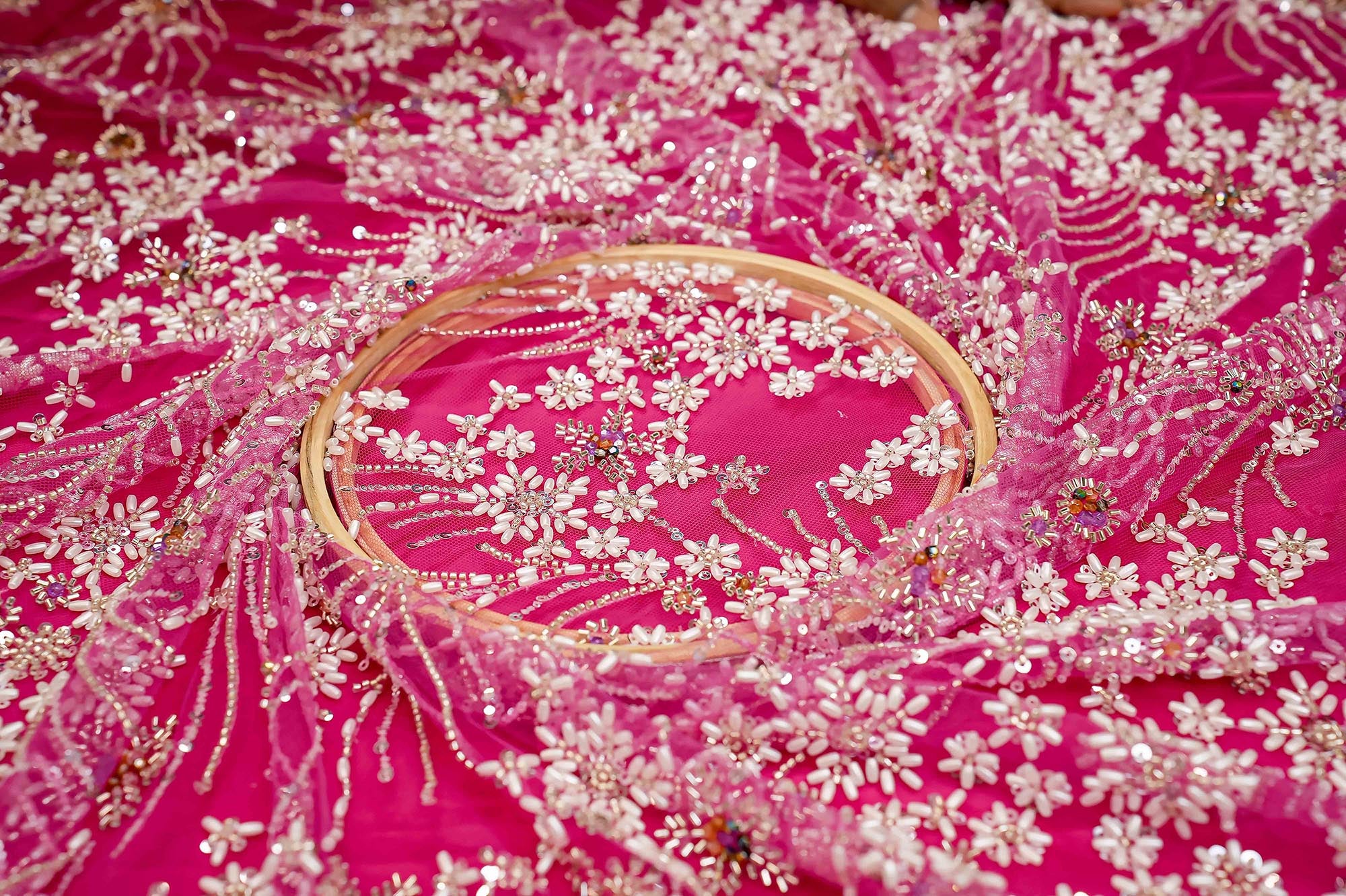 Rani Pink Floral Handwork Net with Rainbow Sequins, Pearls, and Scallop Border