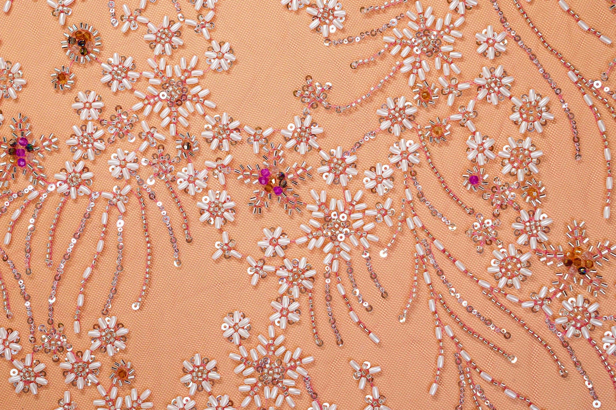 Rani Pink Floral Handwork Net with Rainbow Sequins, Pearls, and Scallop Border