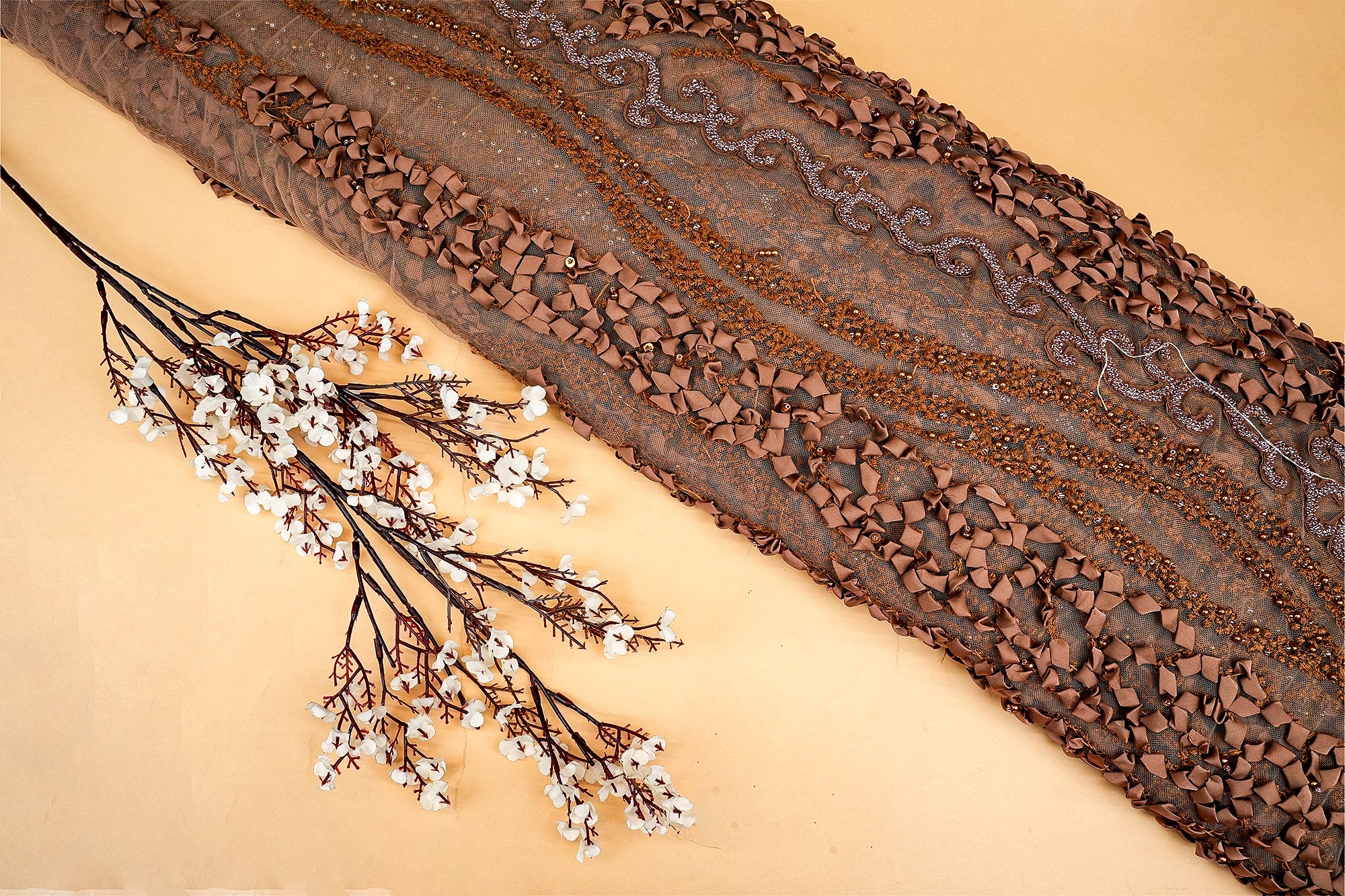 Brown Net with Ribbon, Pearl, Bead, and Sequin Abstract Design