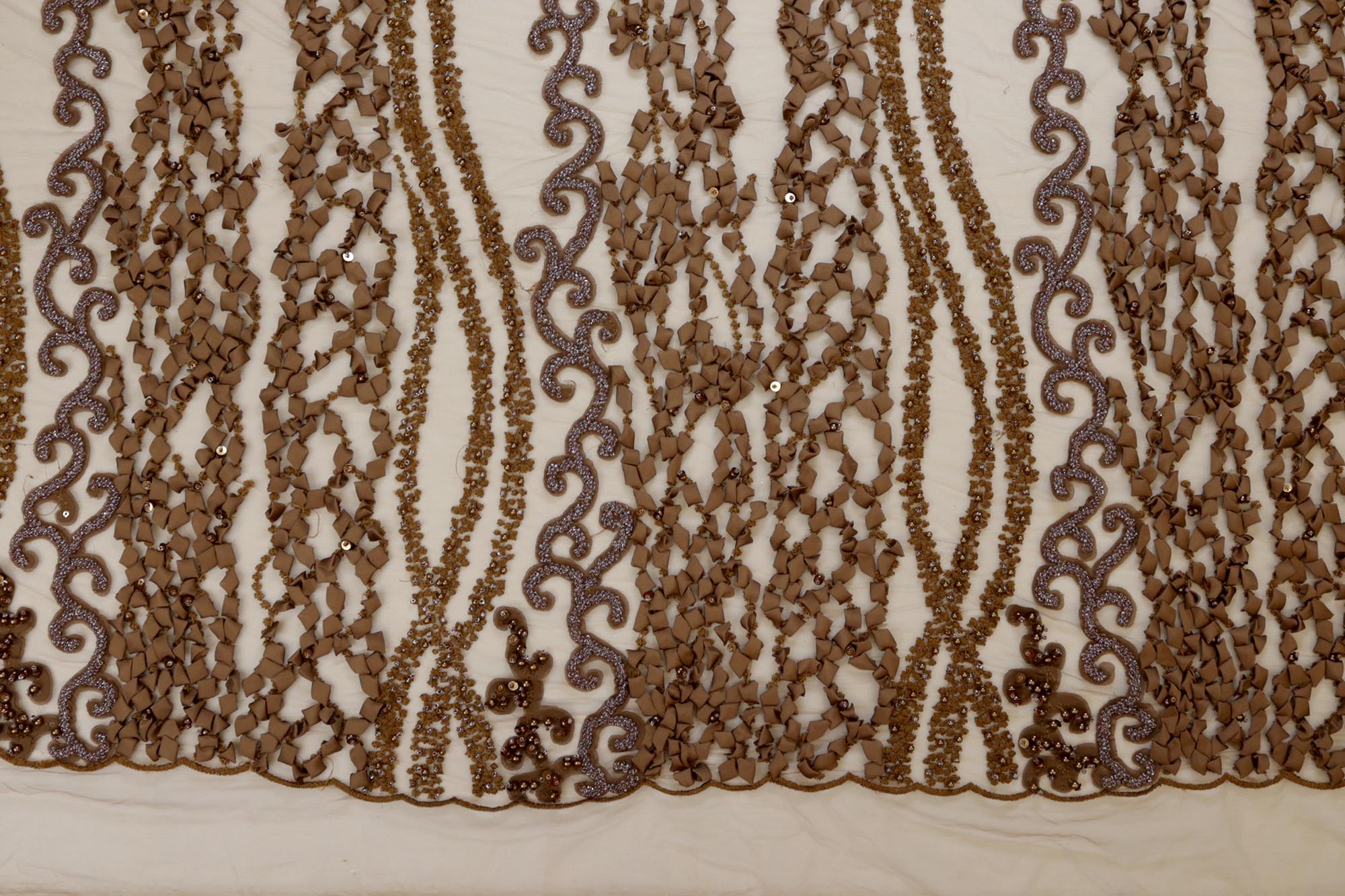 Brown Net with Ribbon, Pearl, Bead, and Sequin Abstract Design