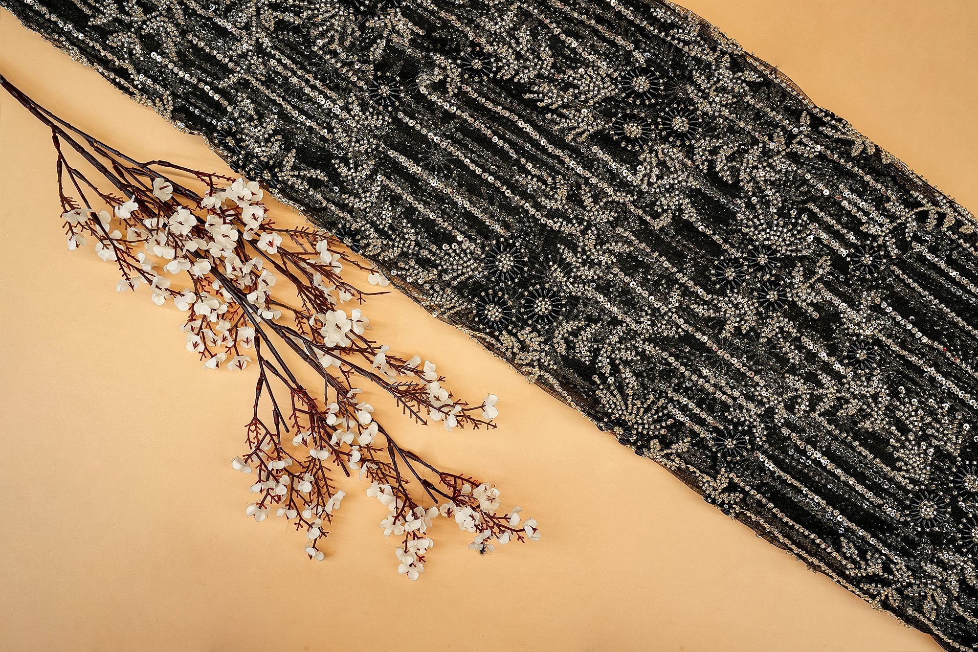 Black floral pattern net with beads and sequins work