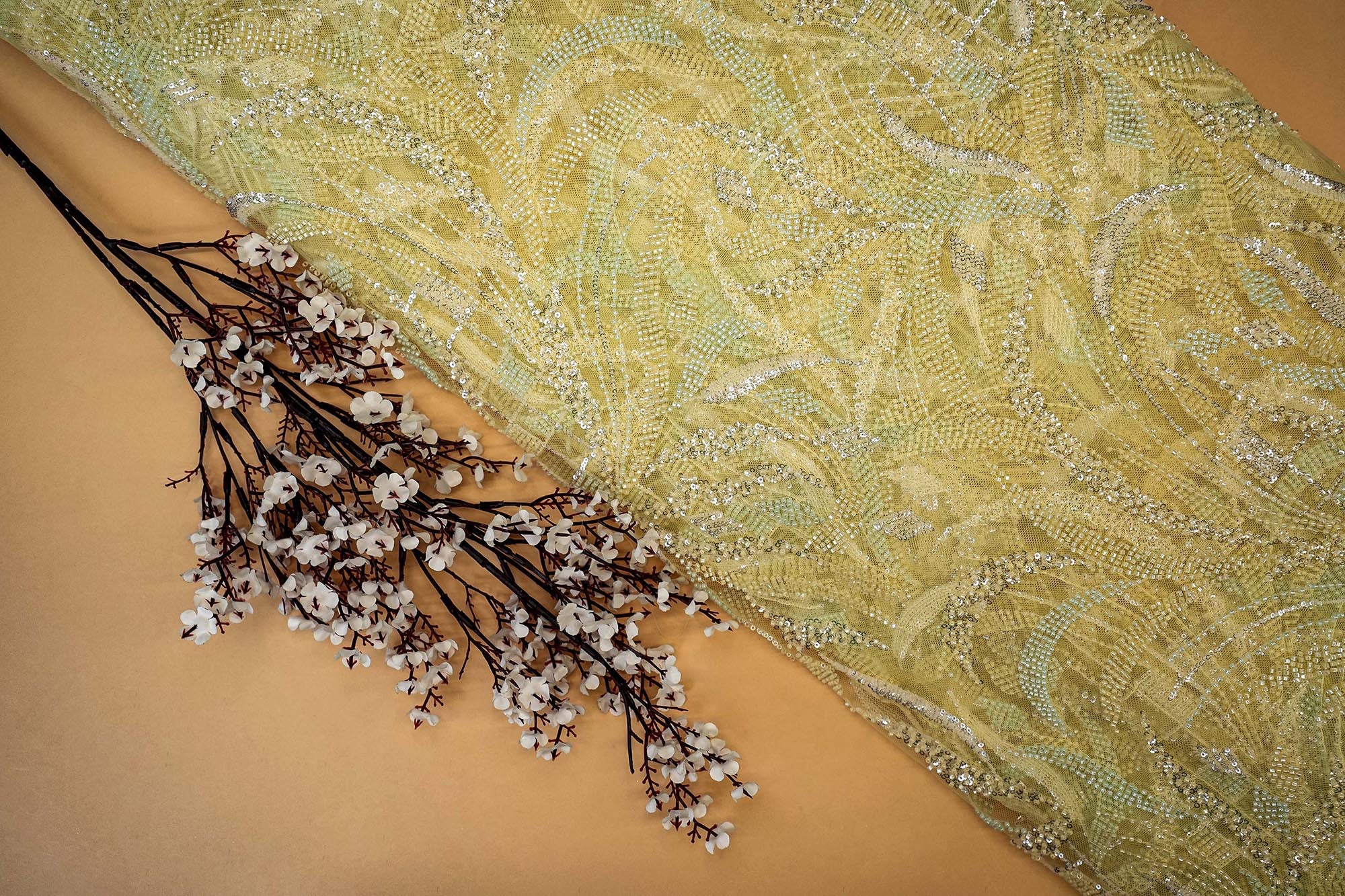 Lemon Yellow Hand-Work Floral Net with Sequins and Katdana work allover