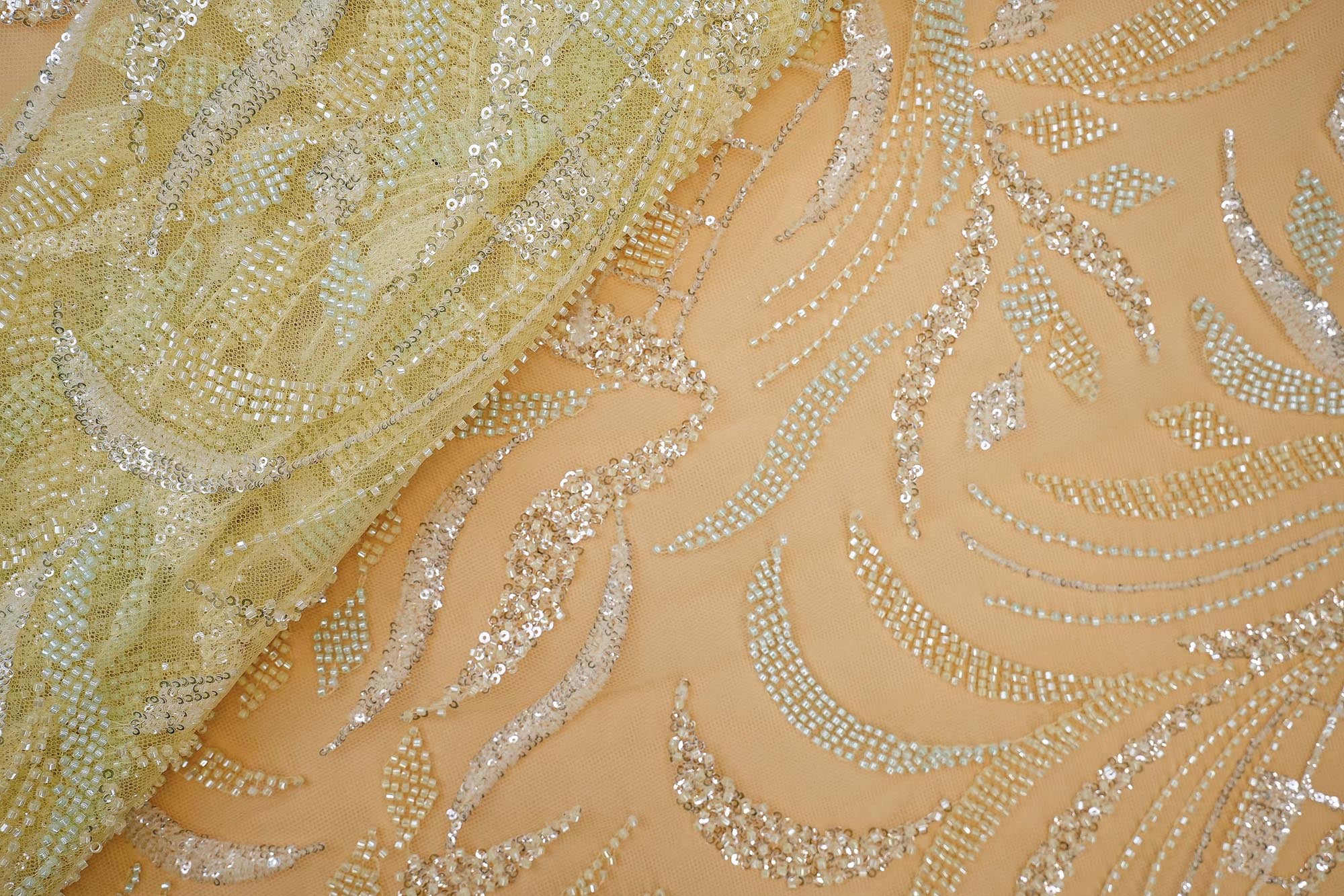 Lemon Yellow Hand-Work Floral Net with Sequins and Katdana work allover