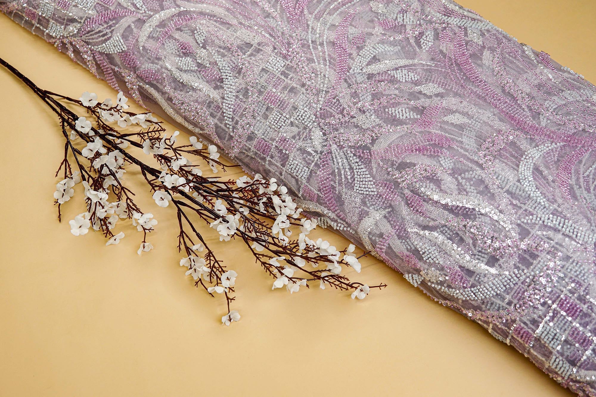 Lavender Hand-Work Floral Net with Sequins and Katdana work allover