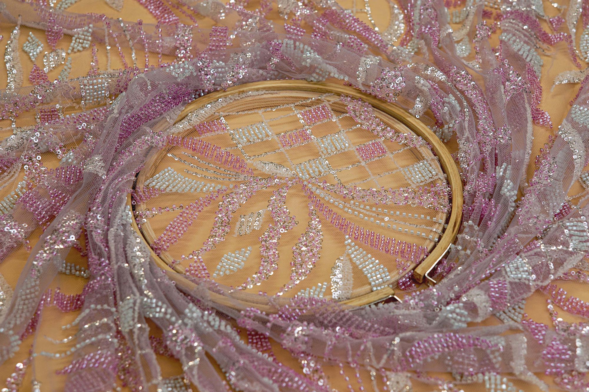 Lavender Hand-Work Floral Net with Sequins and Katdana work allover