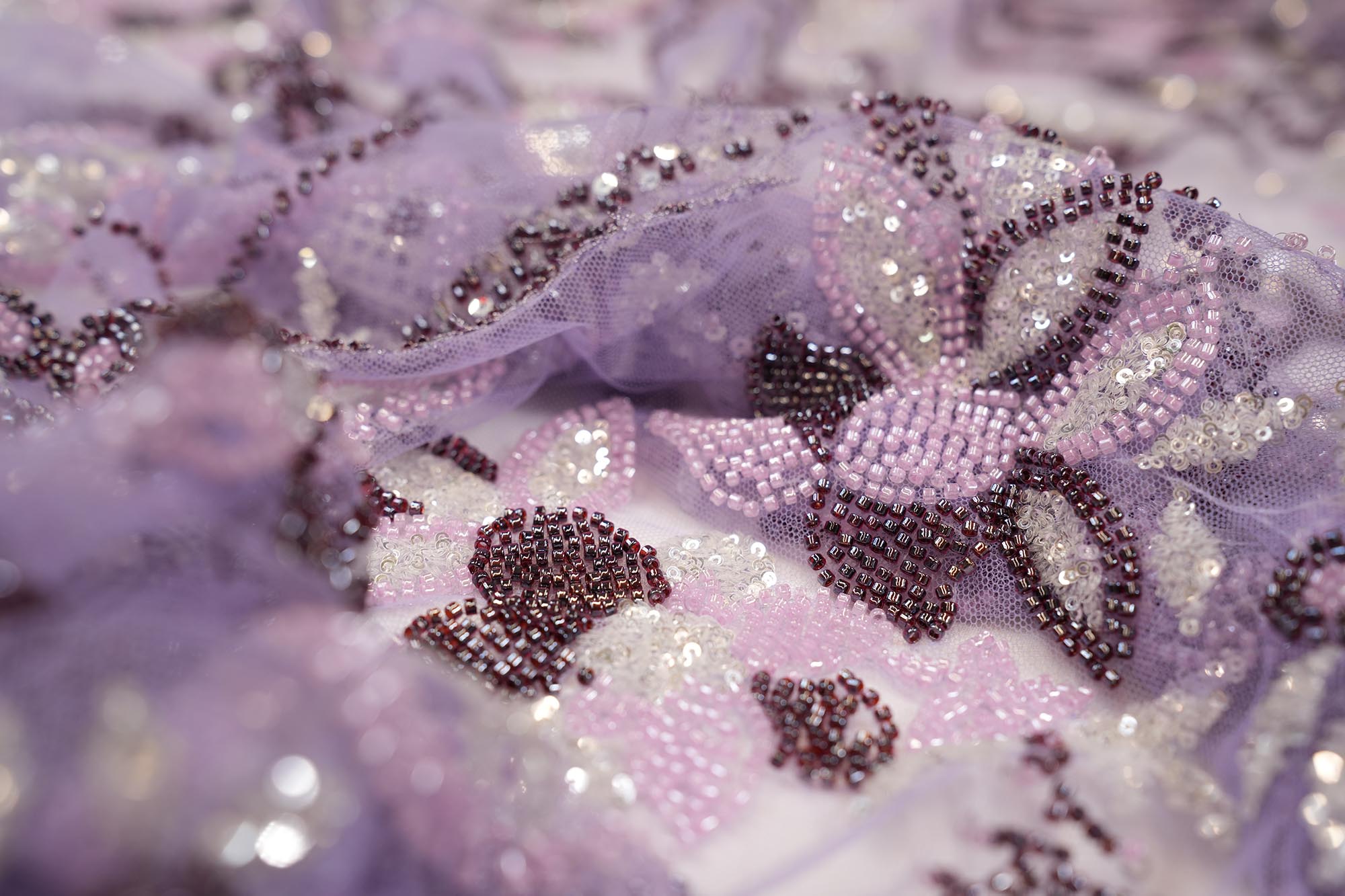 Lavender abstract pattern net with bead and pearl work