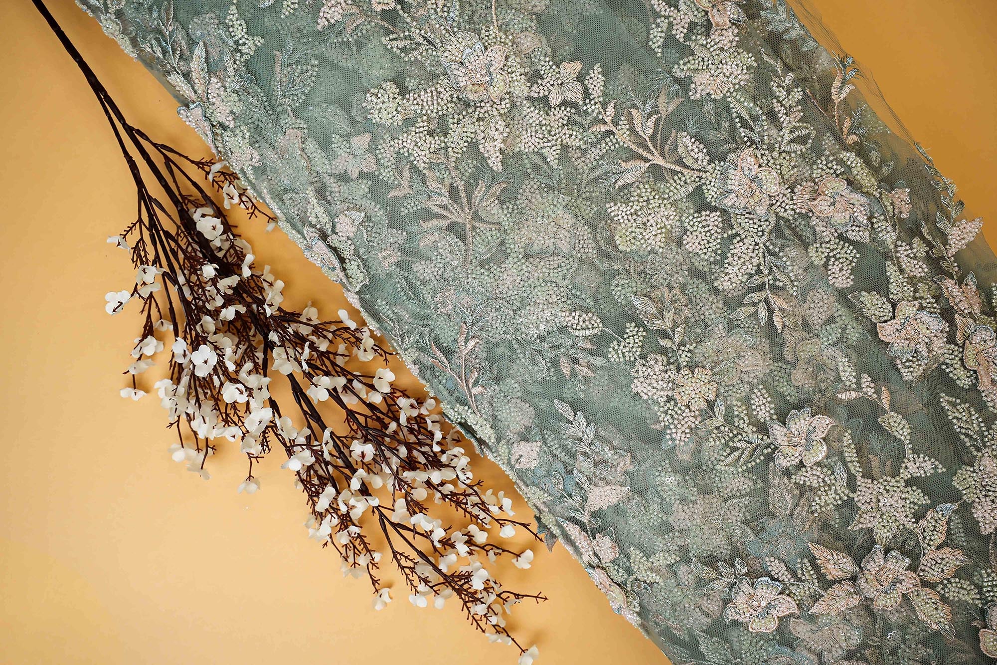 Pastel Green Floral Handwork Net with Cut-Dana and Thread Embroidery