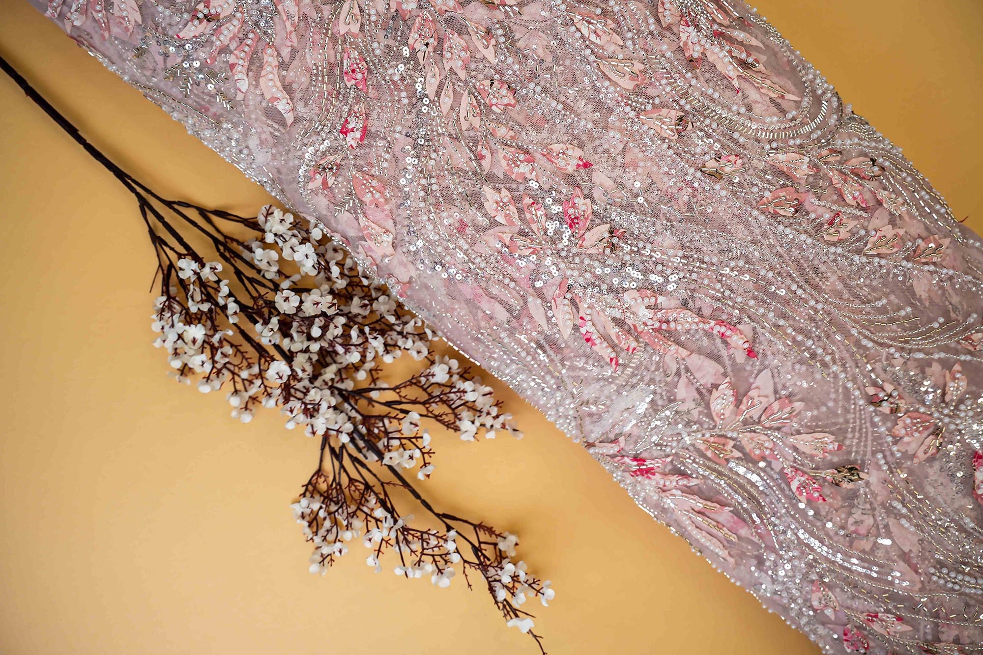 Baby Pink Handwork Net with Sequins, Thread, and Pearl Embellishments