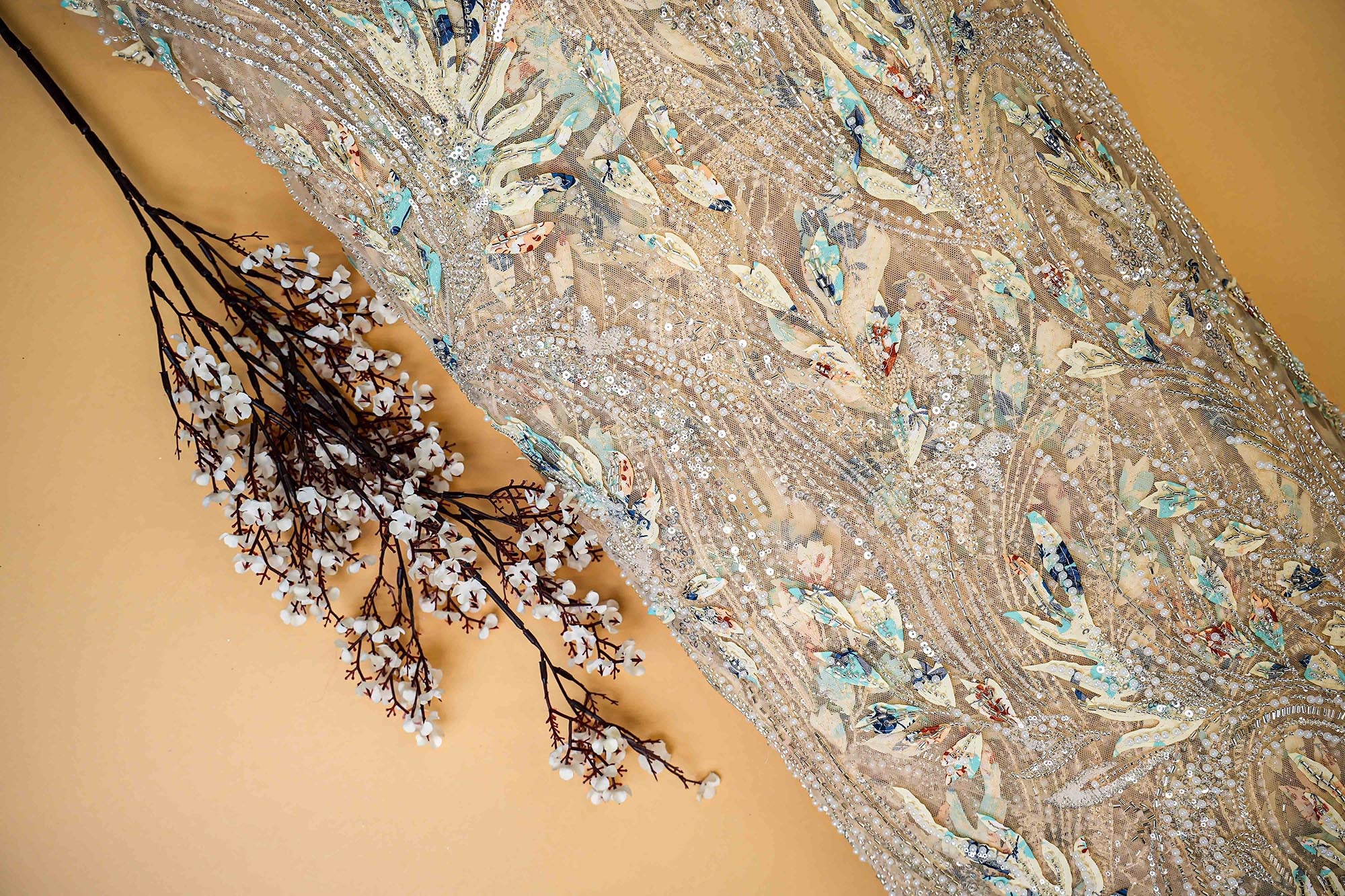 Light Golden Handwork Net with Sequins, Thread, and Pearl Embellishments - Paras Gallery Fabrics