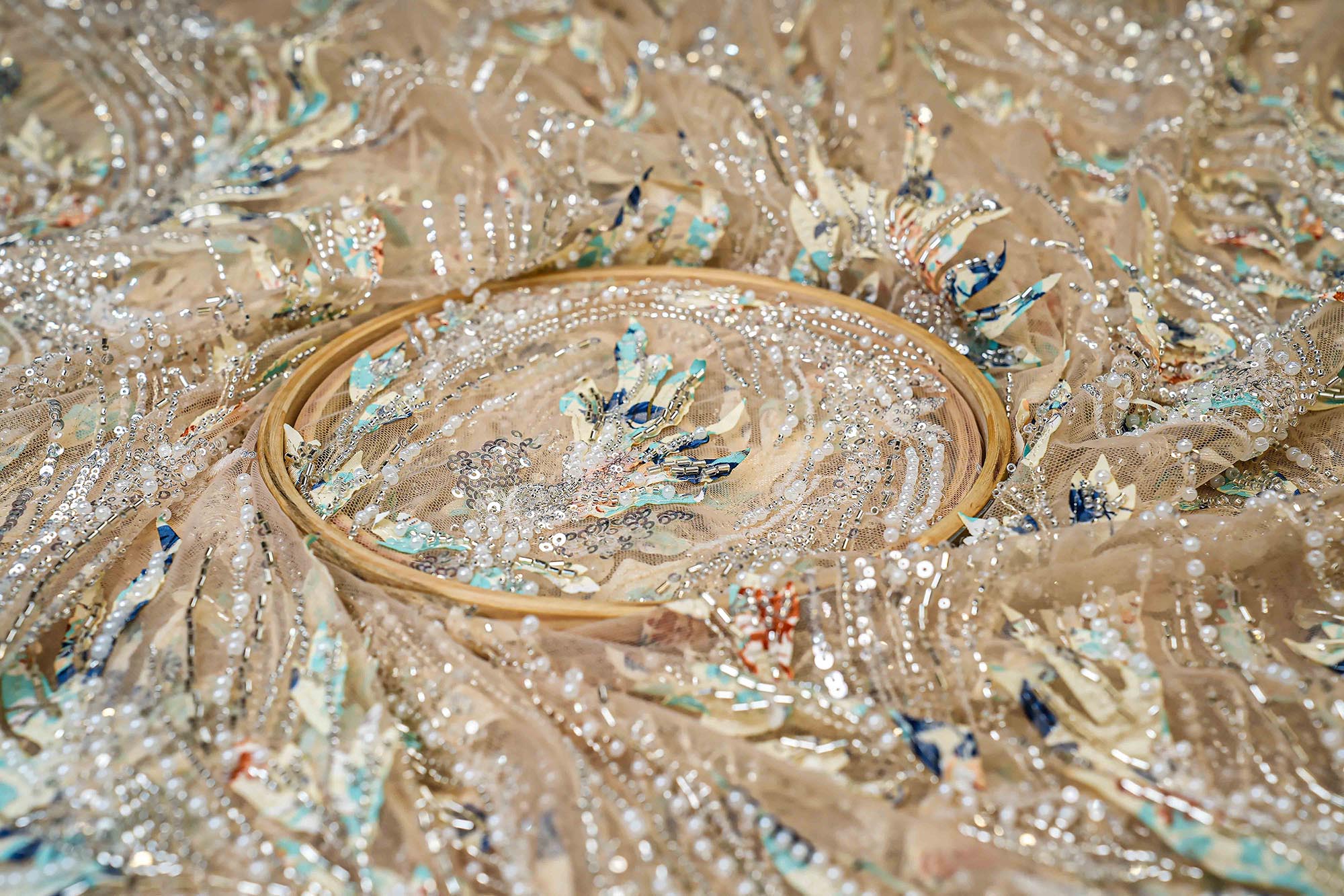 Light Golden Handwork Net with Sequins, Thread, and Pearl Embellishments