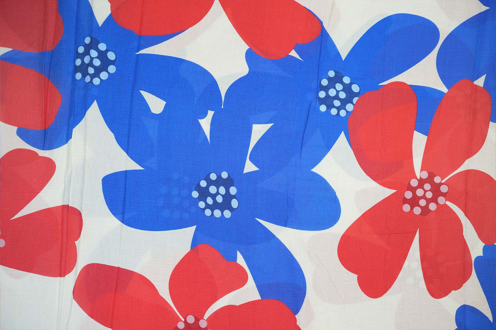 Blue And Red Floral Digital Print On Off-White Chinnon Chiffon Fabric