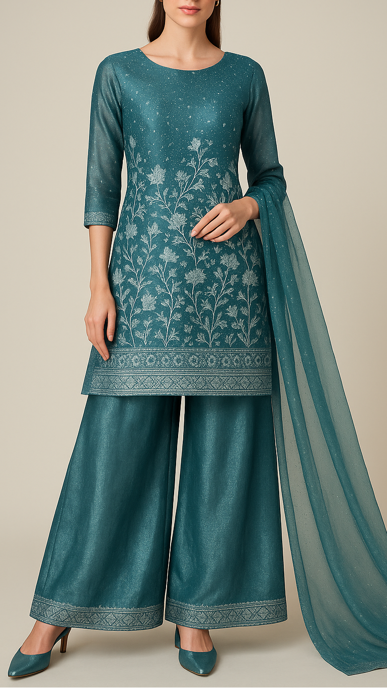 Teal Blue Silk Tissue Fabric With All Over Swarovski Work With One Side Threadwork Border 16562