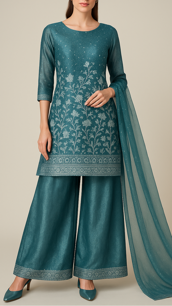 Teal Blue Silk Tissue Fabric With All Over Swarovski Work With One Side Threadwork Border 16562
