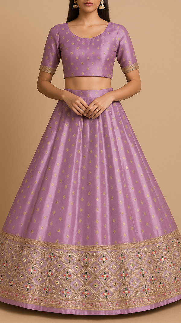Lavender Silk Fabric With All Over Zari Buti With One Side Zari, Thread and Sequins Work Border 16001
