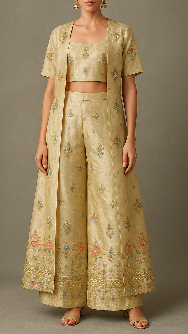 Golden Dyeable Tissue Fabric Allover Katdana And Thread Work With Heavy Border 16119