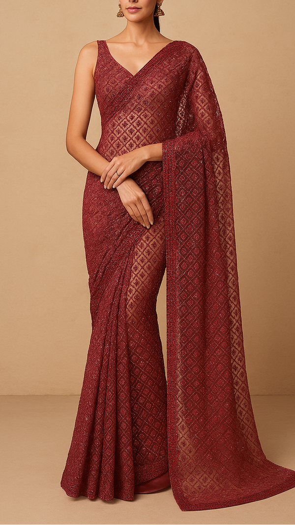 Maroon Imported Net Fabric With All Over Sequins And Bead Work 19399
