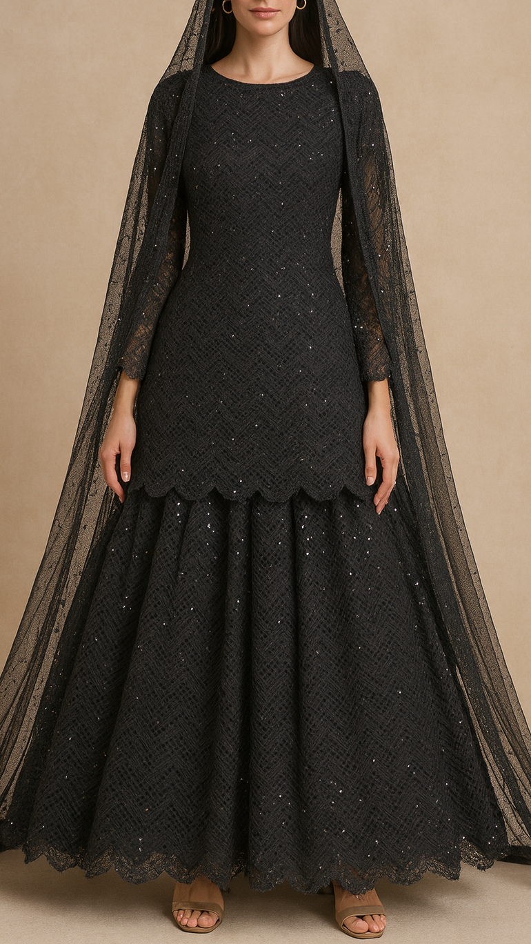 Black Imported Net Fabric With All Over Thread And Sequins Work 16858