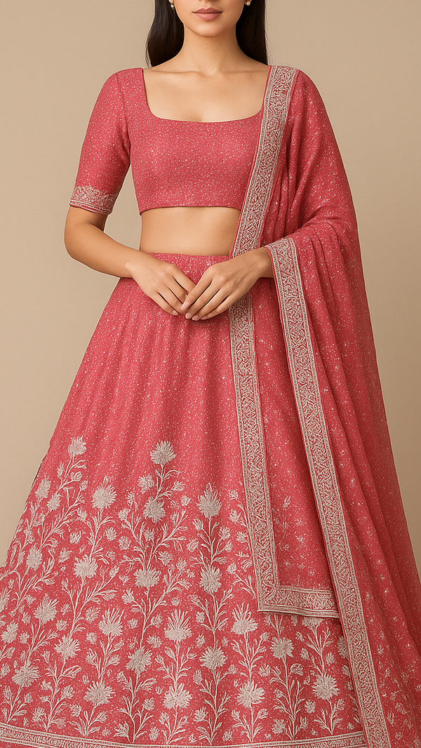 Coral Pink Silk Fabric With All Over Swarvoski Work With One Side Threadwork Border 16295