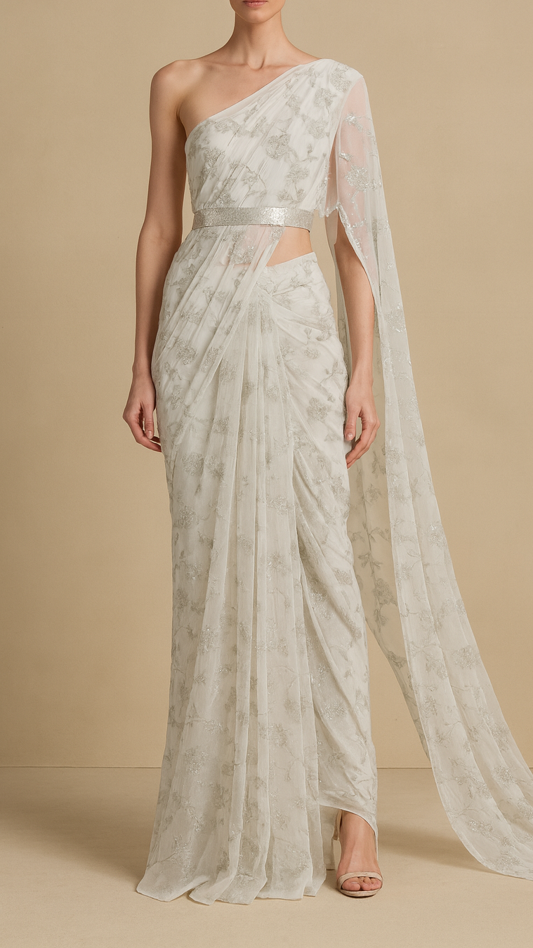 White Dyeable Georgette Fabric with All Over Silver Thread Work 19662