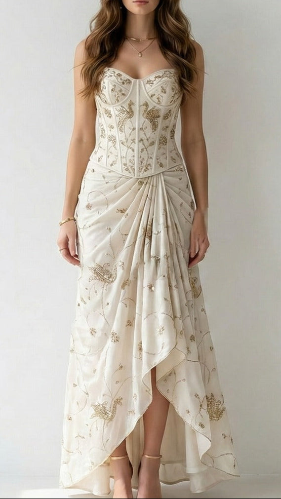 White Dyeable Crepe Fabric With Peacock Motif Of Zari, Katdana And Sequins Work 21071