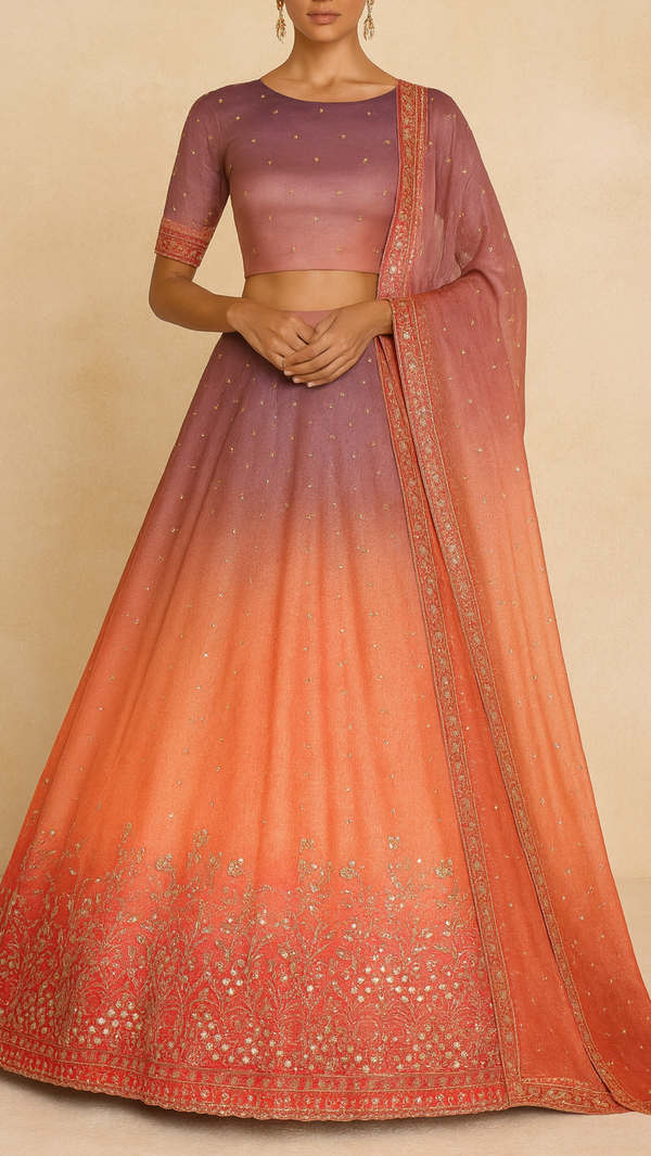 Orange And Pink Tissue Ombre Fabric With All Over Faux Mirror, Bead, Sequins, Katdana Buti And One Side Heavy Border 19539
