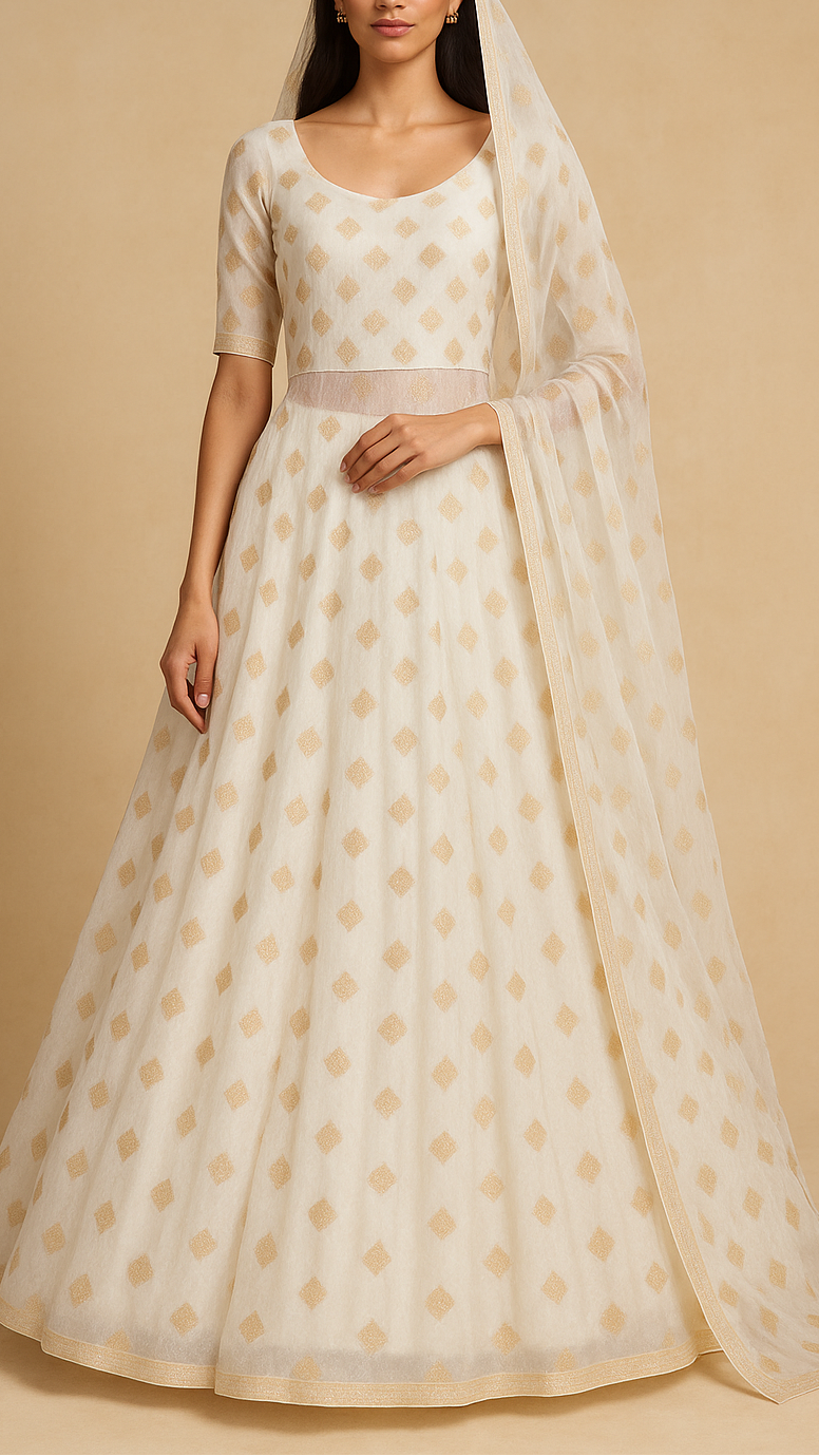 White Georgette Fabric With All Over Zari Handloom 16752