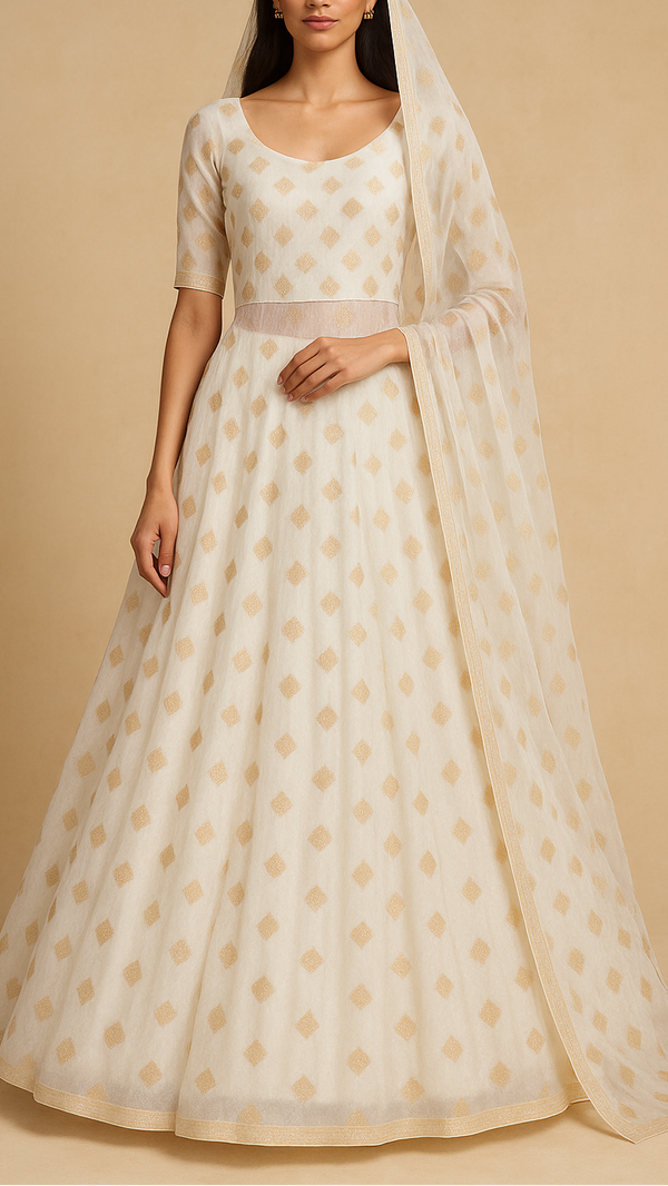 White Georgette Fabric With All Over Zari Handloom 16752