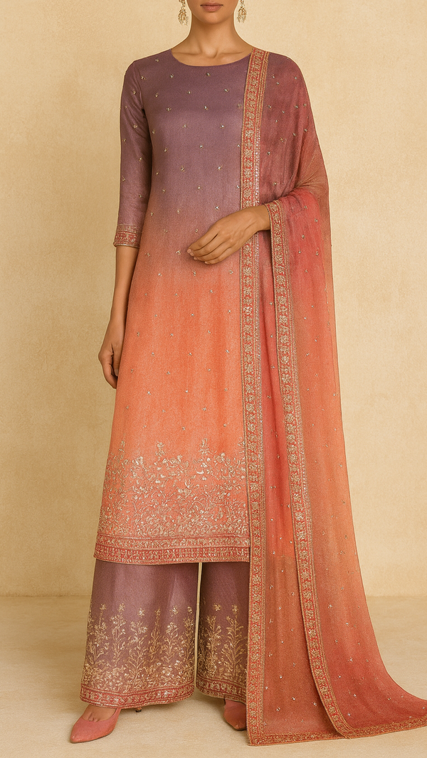 Orange And Pink Tissue Ombre Fabric With All Over Faux Mirror, Bead, Sequins, Katdana Buti And One Side Heavy Border 19539