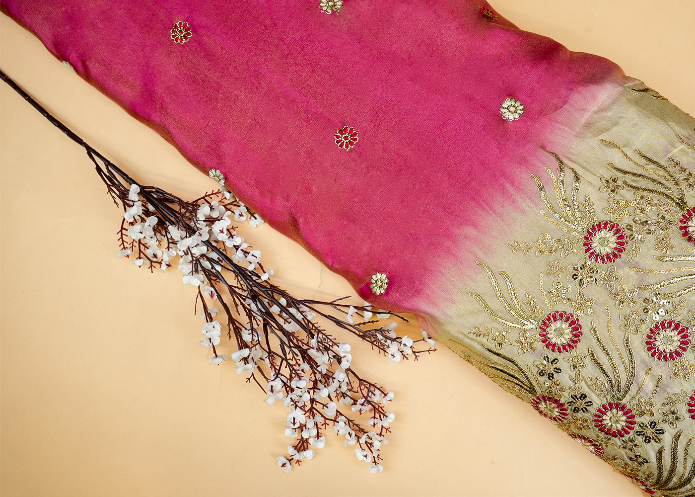 Pink Ombre Glow Tissue with Zari, Sequins, and Threadwork Elegance