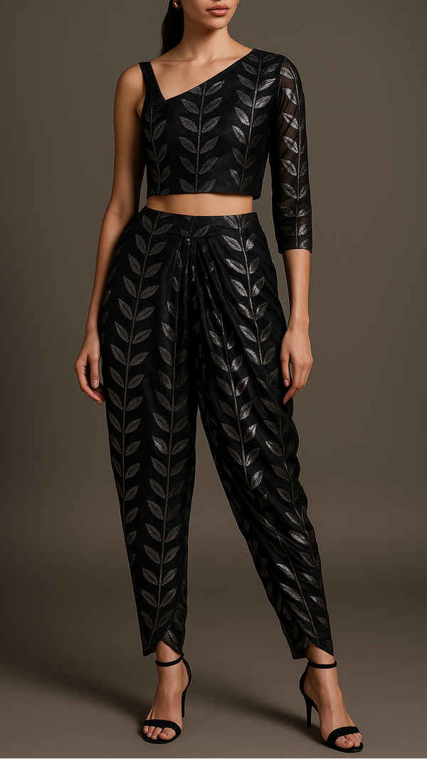 Black Organza Fabric With All Over Leaves Of Foil And Threadwork 16399