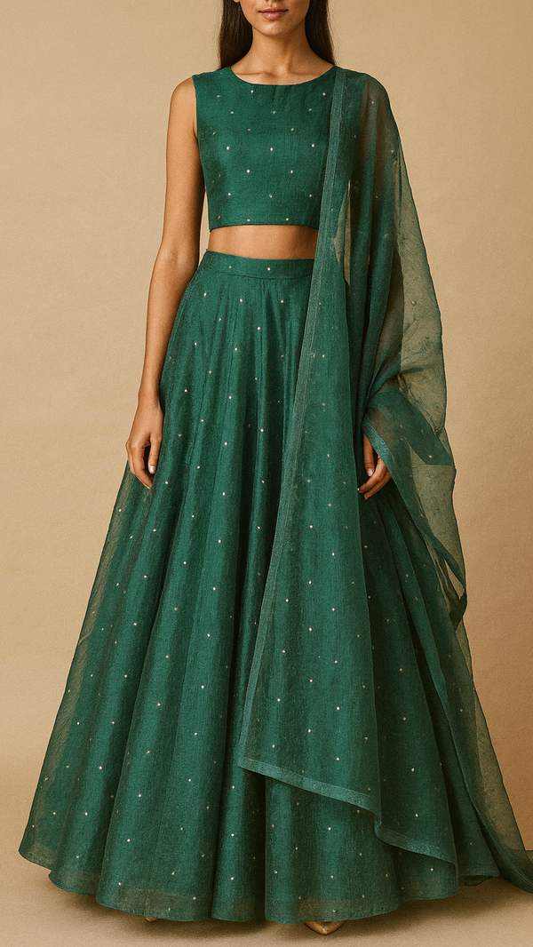 Green Chanderi Fabric With All Over Zari And Faux Mirror Work 19280