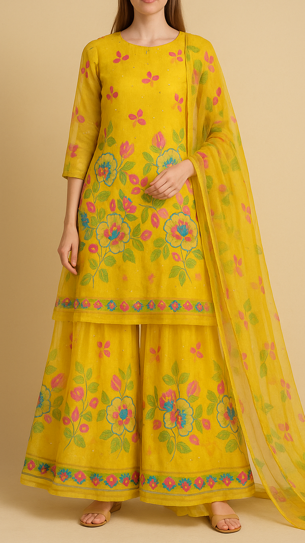 Yellow Georgette Printed Fabric Embellished with Pearl, Sequins and Katdana Work With One-Side Border 19681