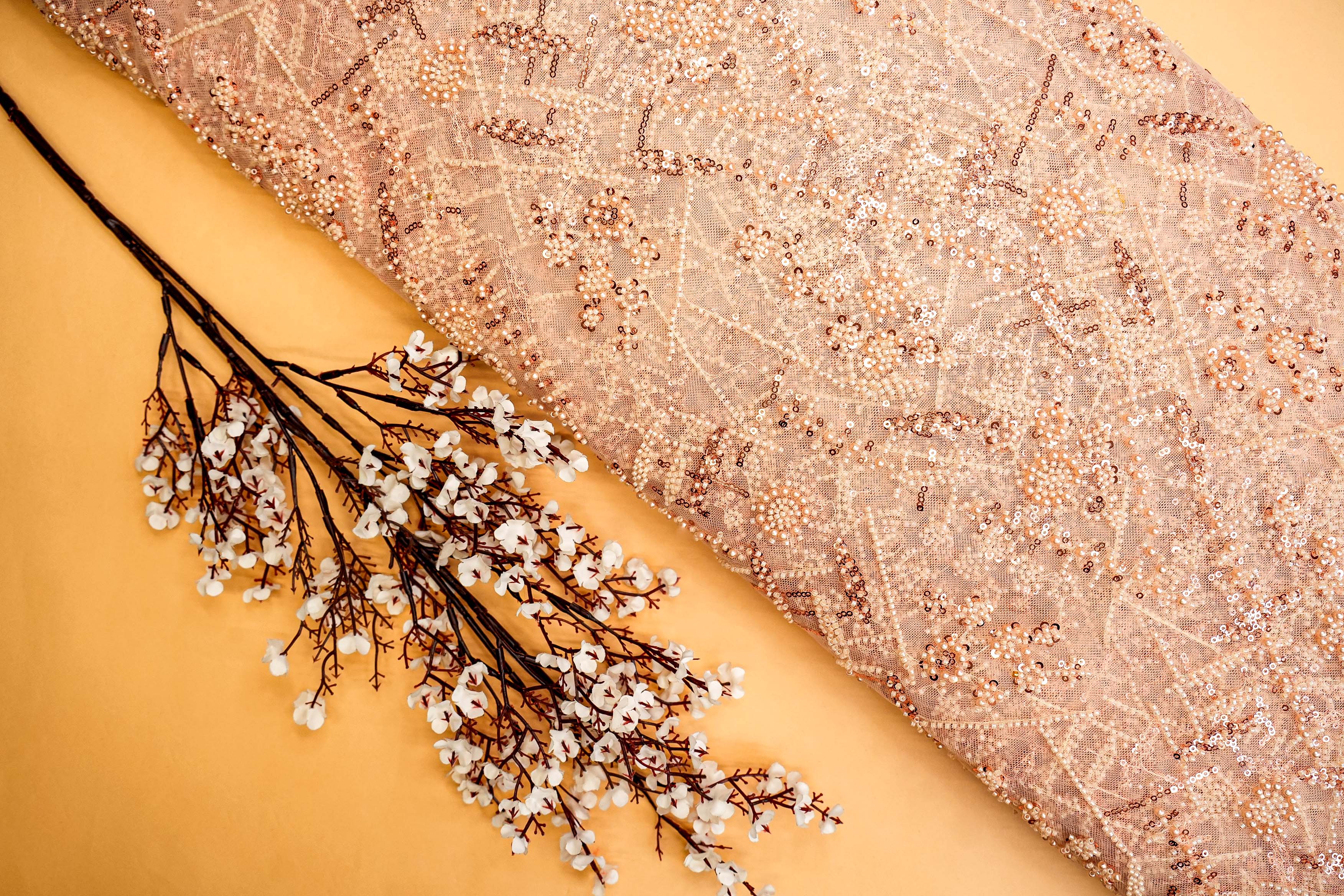 Light Peach Net Adorned with Beads, Pearls, and Sequins