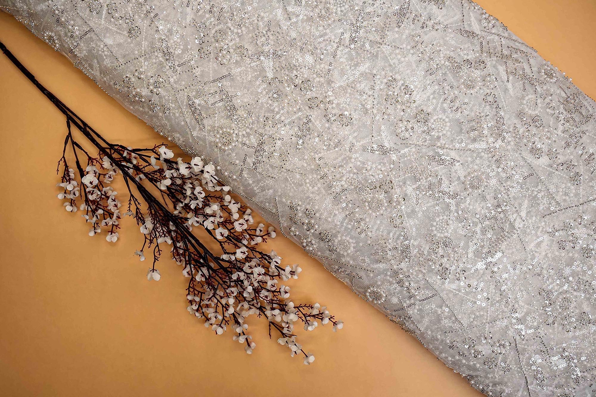 White Net Adorned with Beads, Pearls, and Sequins