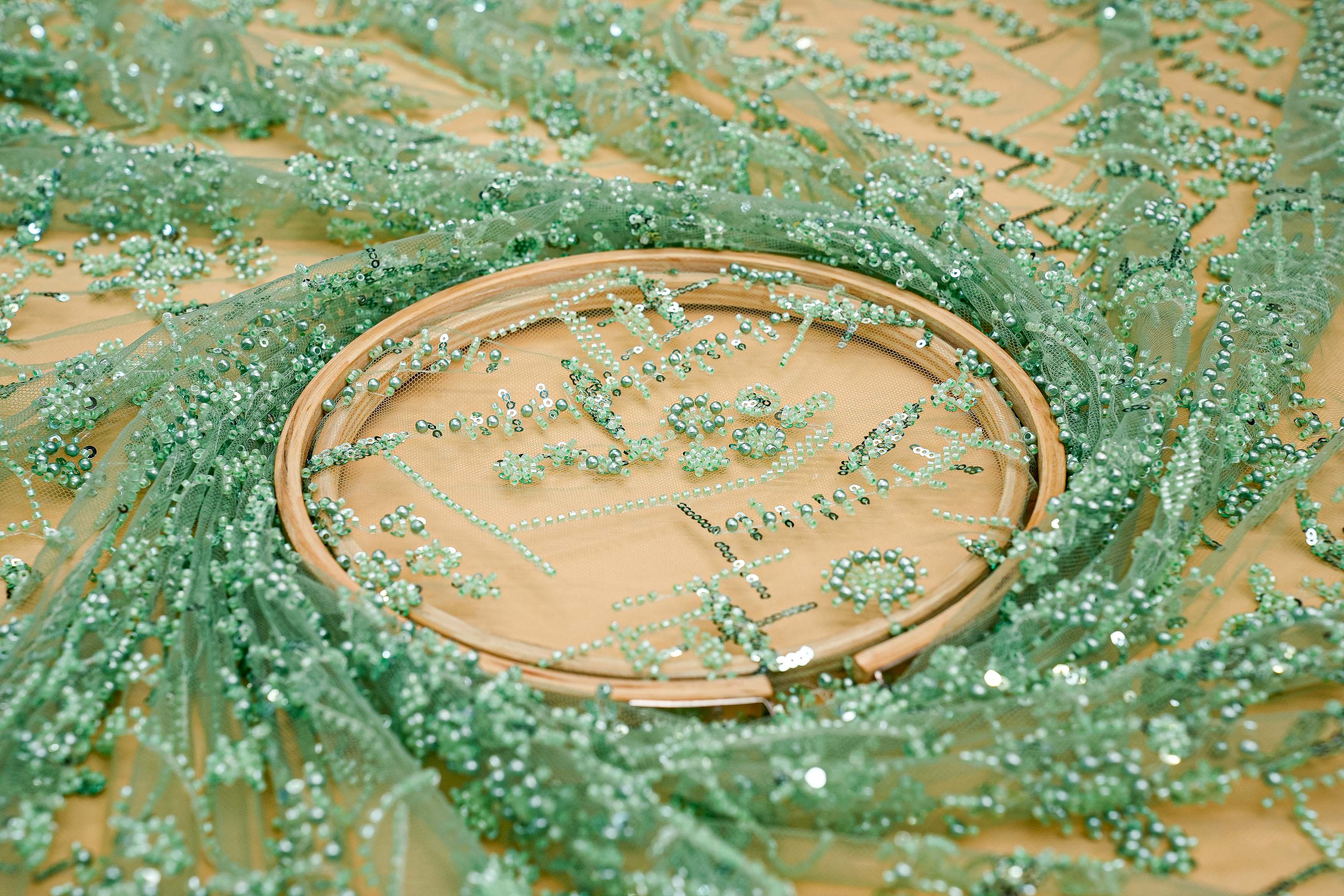 Mint Green Net Adorned with Beads, Pearls, and Sequins