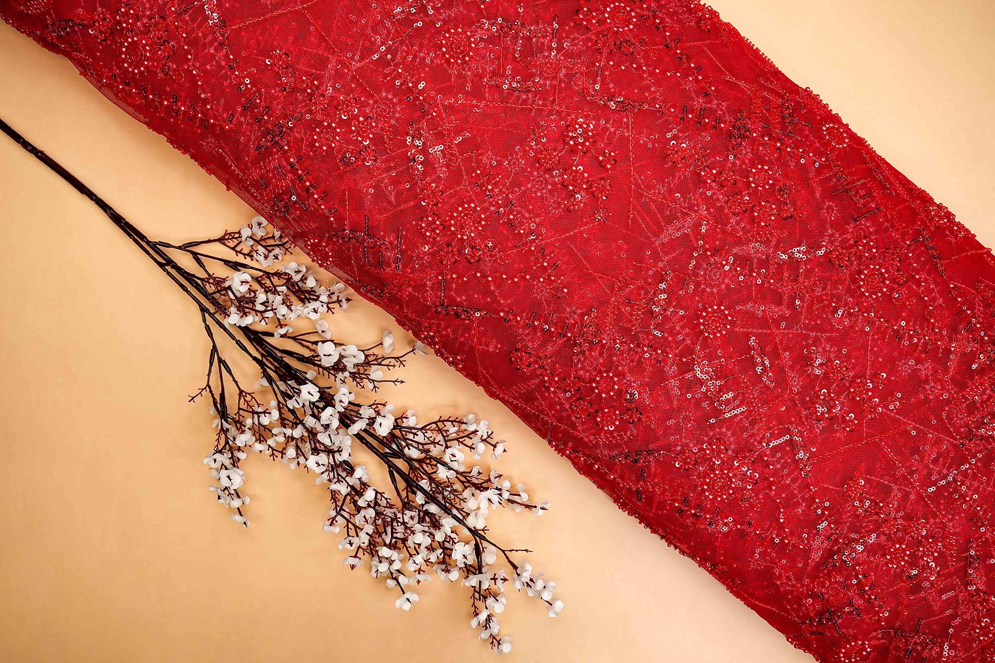 Red Net Adorned with Beads, Pearls, and Sequins