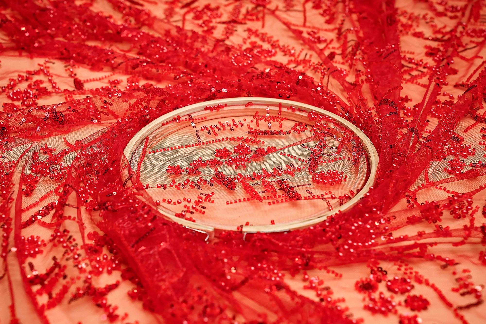 Red Net Adorned with Beads, Pearls, and Sequins