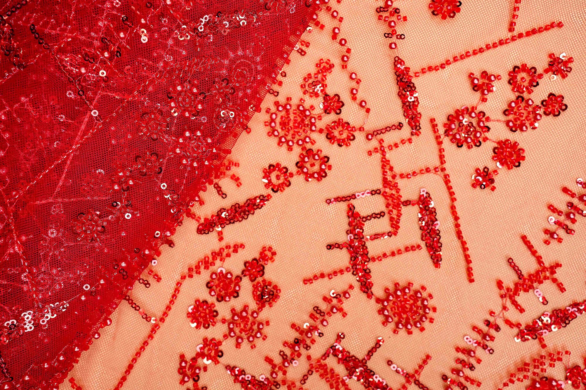 Red Net Adorned with Beads, Pearls, and Sequins