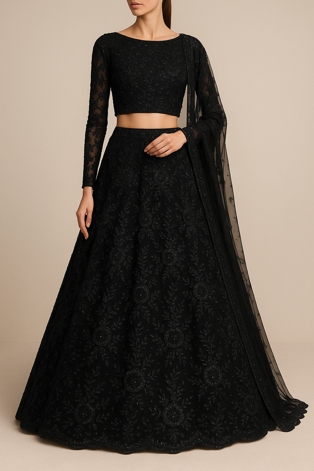 Lara Dutta Inspired Edition | Black Embroided Imported Net Unstitched Fabric 15685