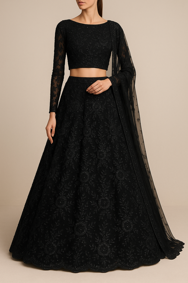 Lara Dutta Inspired Edition | Black Embroided Imported Net Unstitched Fabric 15685