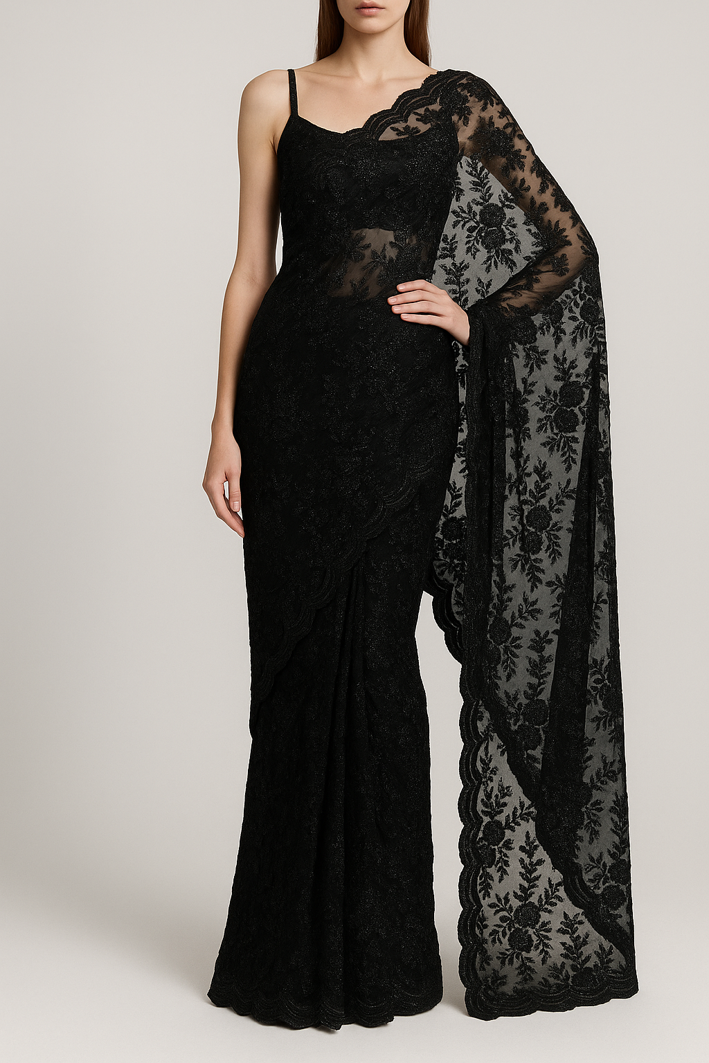 Lara Dutta Inspired Edition | Black Embroided Imported Net Unstitched Fabric 15685