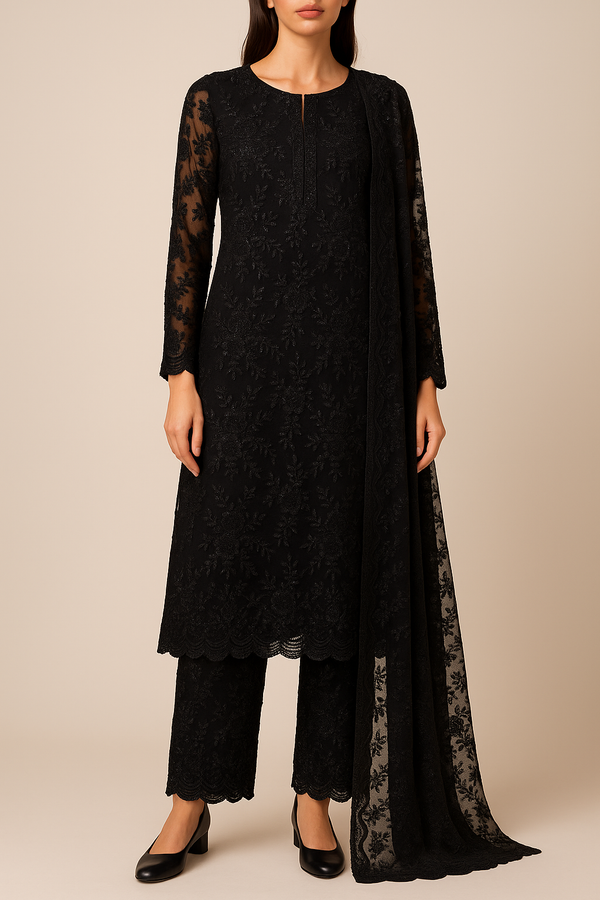 Lara Dutta Inspired Edition | Black Embroided Imported Net Unstitched Fabric 15685