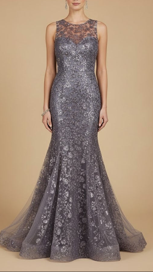 Graphite Purple Imported Net Fabric with Allover Bead, Sequins and Katdana Work 19713