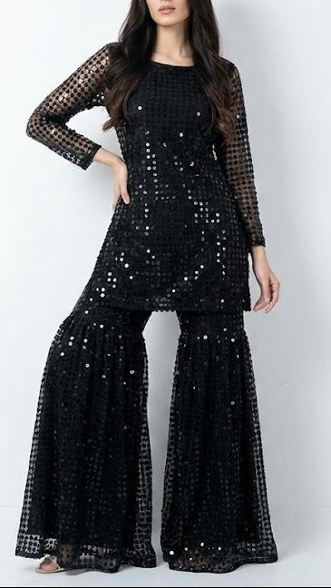 Black Imported Laser Cutwork Net Fabric With All Over Zari And Faux Mirror Work 21119